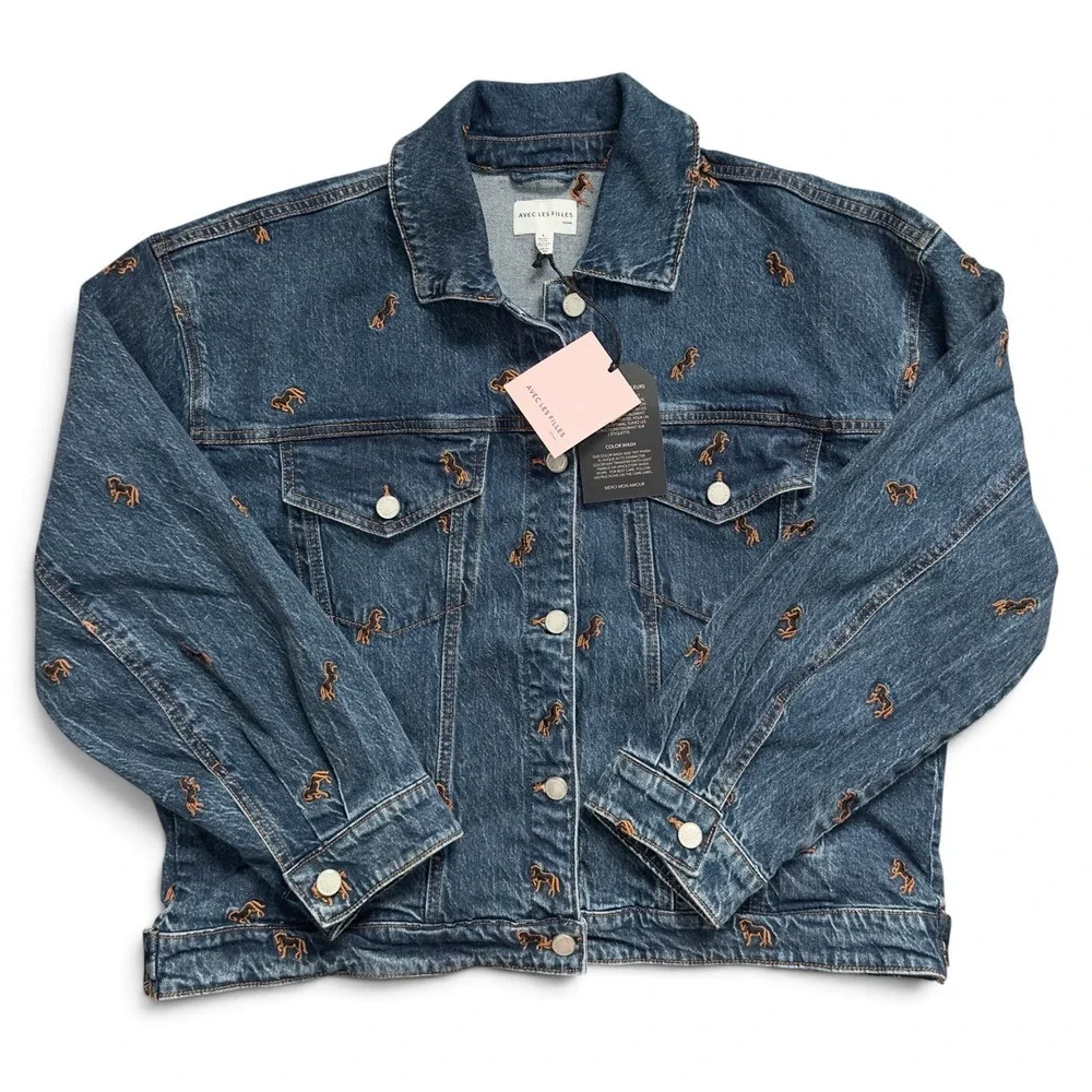 Avec Les Filles Horse Embroidered Denim Trucker Jacket Jean Blue Women's Size L
